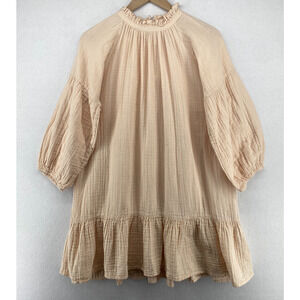 APIECE APART Dress 2 Cotton Gauze Flounce Peasant Smocked Balloon Sleeve Orange